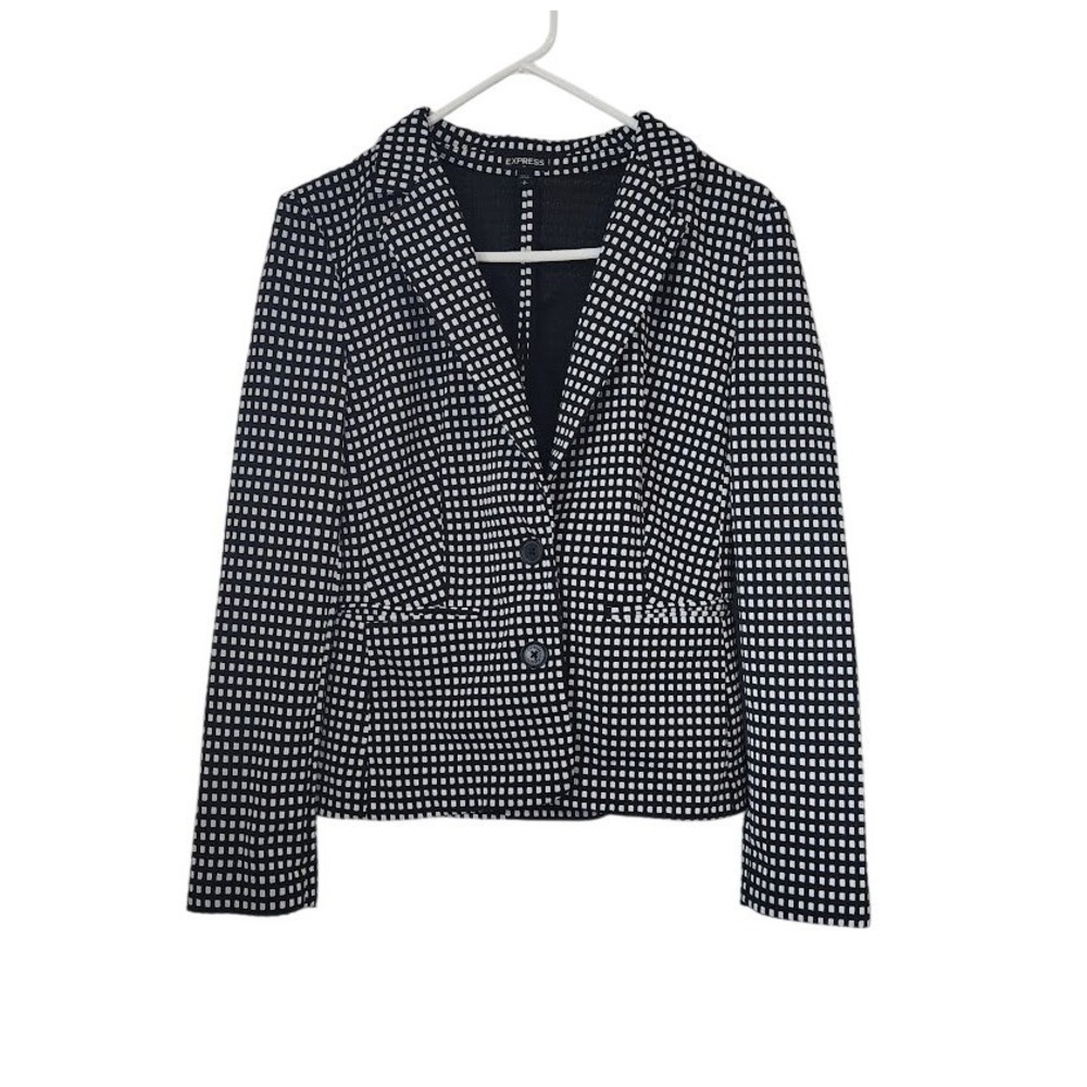 Express Womens Black White Grid Textured Blazer Jacket Small Notched Lapel S 204